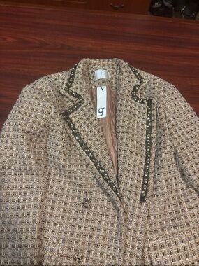 Beige Tweed Embellished Women's Blazer Jacket